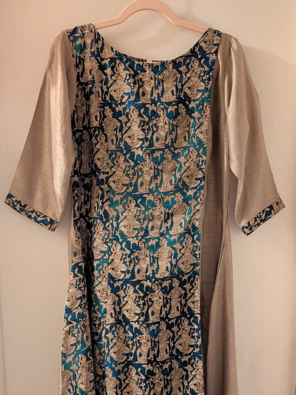 Ghoomar Jaipur Indian Saree Kurta Dress Kalamkari Persian Gold Teal  fits Medium